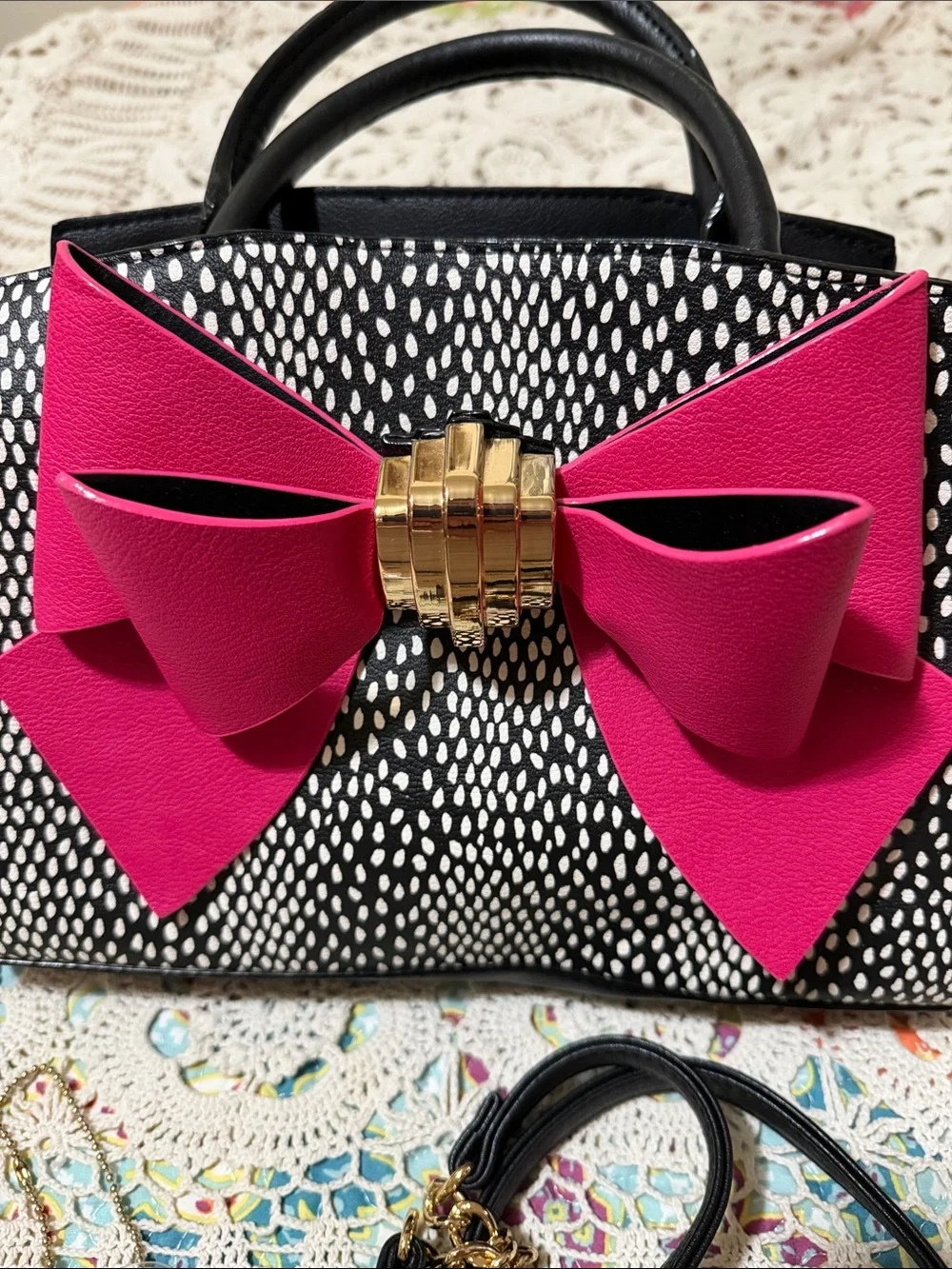 Betsey Johnson Black and Hot Pink Bow Satchel